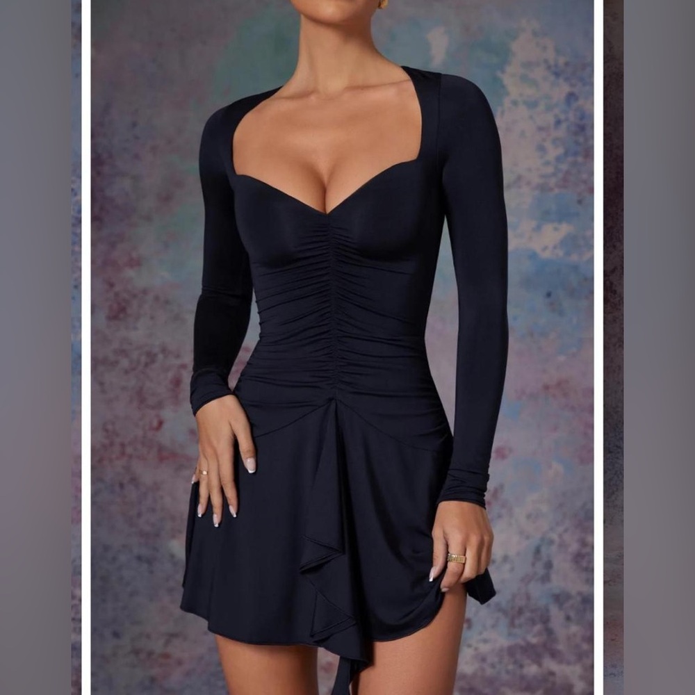 Oh Polly Midnight Black Ruched  Long Sleeve Dress